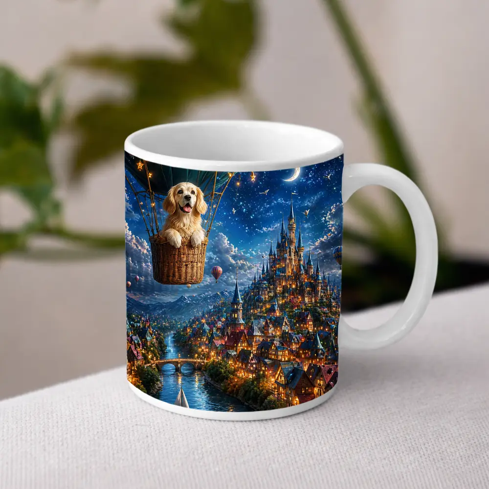 Golden Retriever Hot Air Balloon Fantasy Town – Mugs