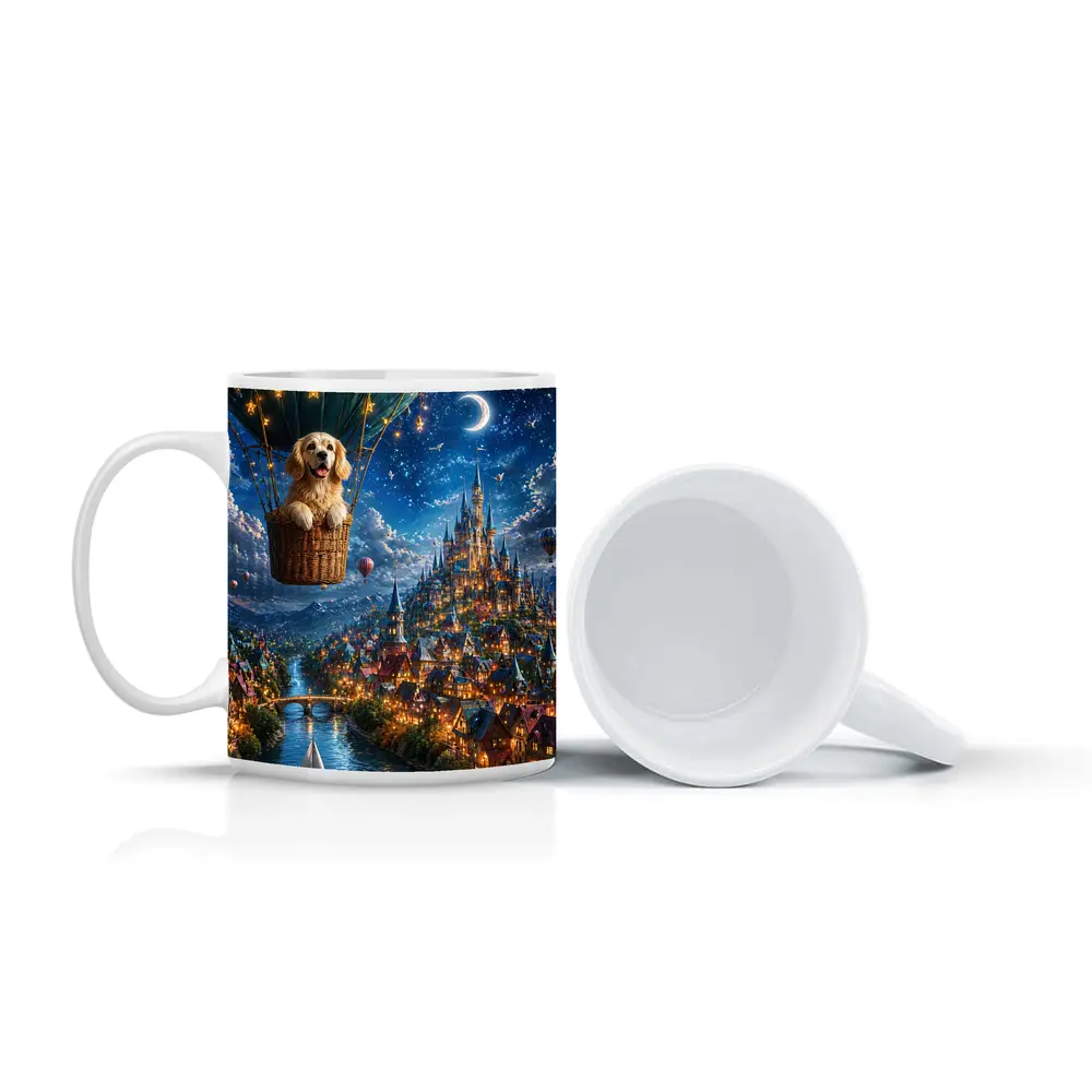 Golden Retriever Hot Air Balloon Fantasy Town – Mugs