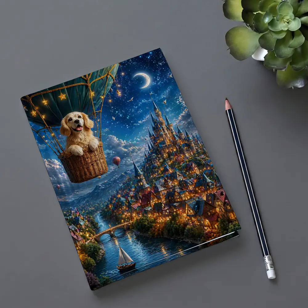 Golden Retriever Hot Air Balloon Fantasy Town – Notebooks