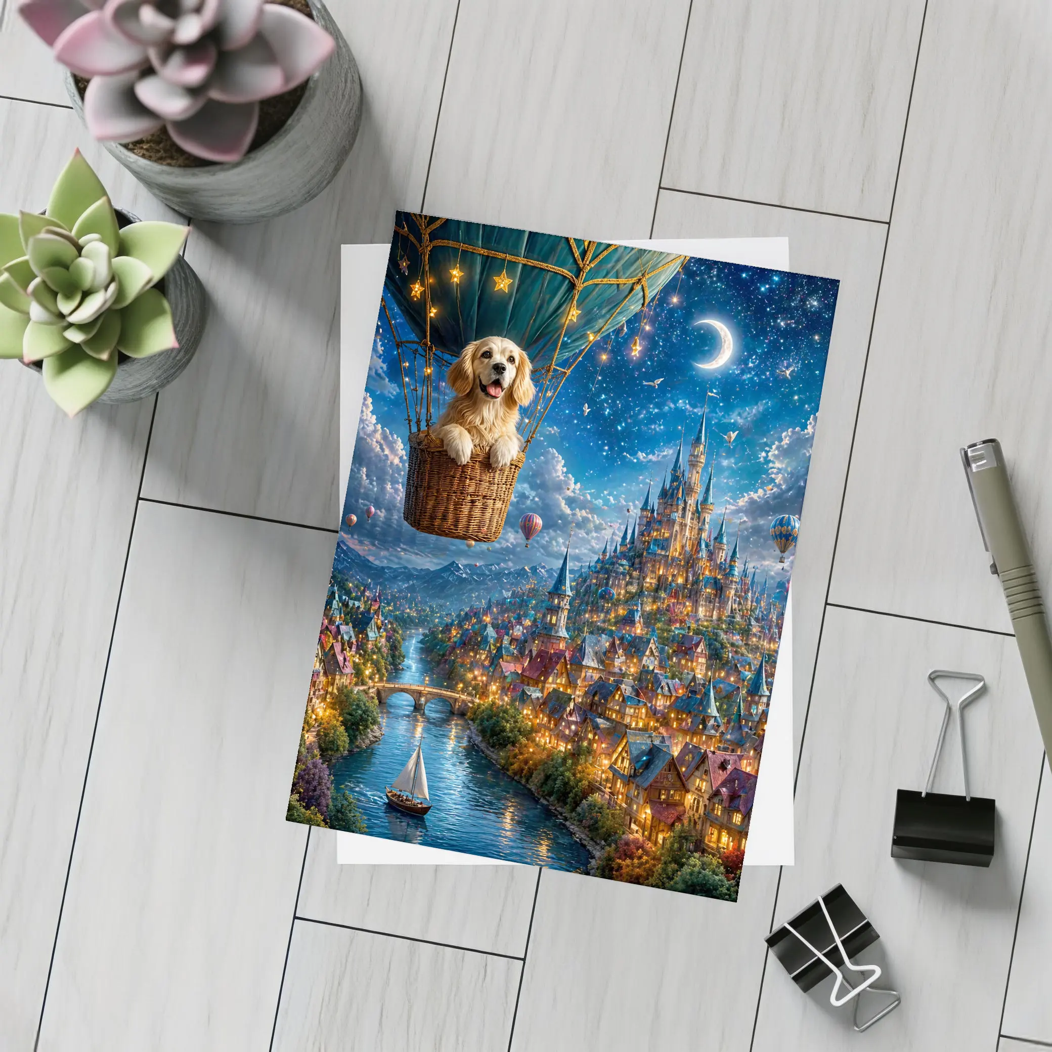 Golden Retriever Hot Air Balloon Fantasy Town – Postcards
