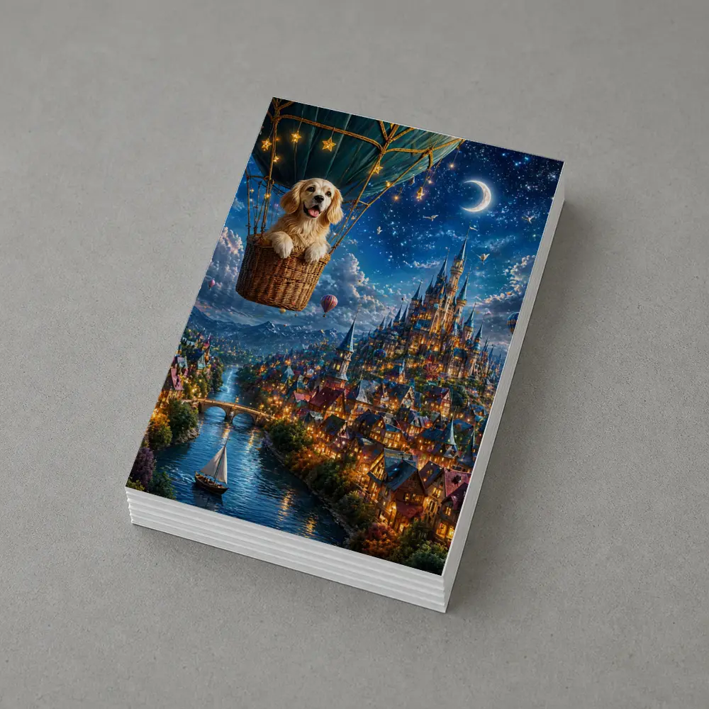 Golden Retriever Hot Air Balloon Fantasy Town – Postcards