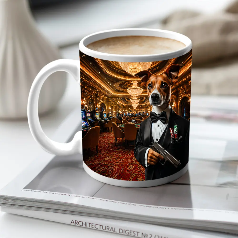 Jack Russell Dog Tuxedo Casino Interior – Mugs
