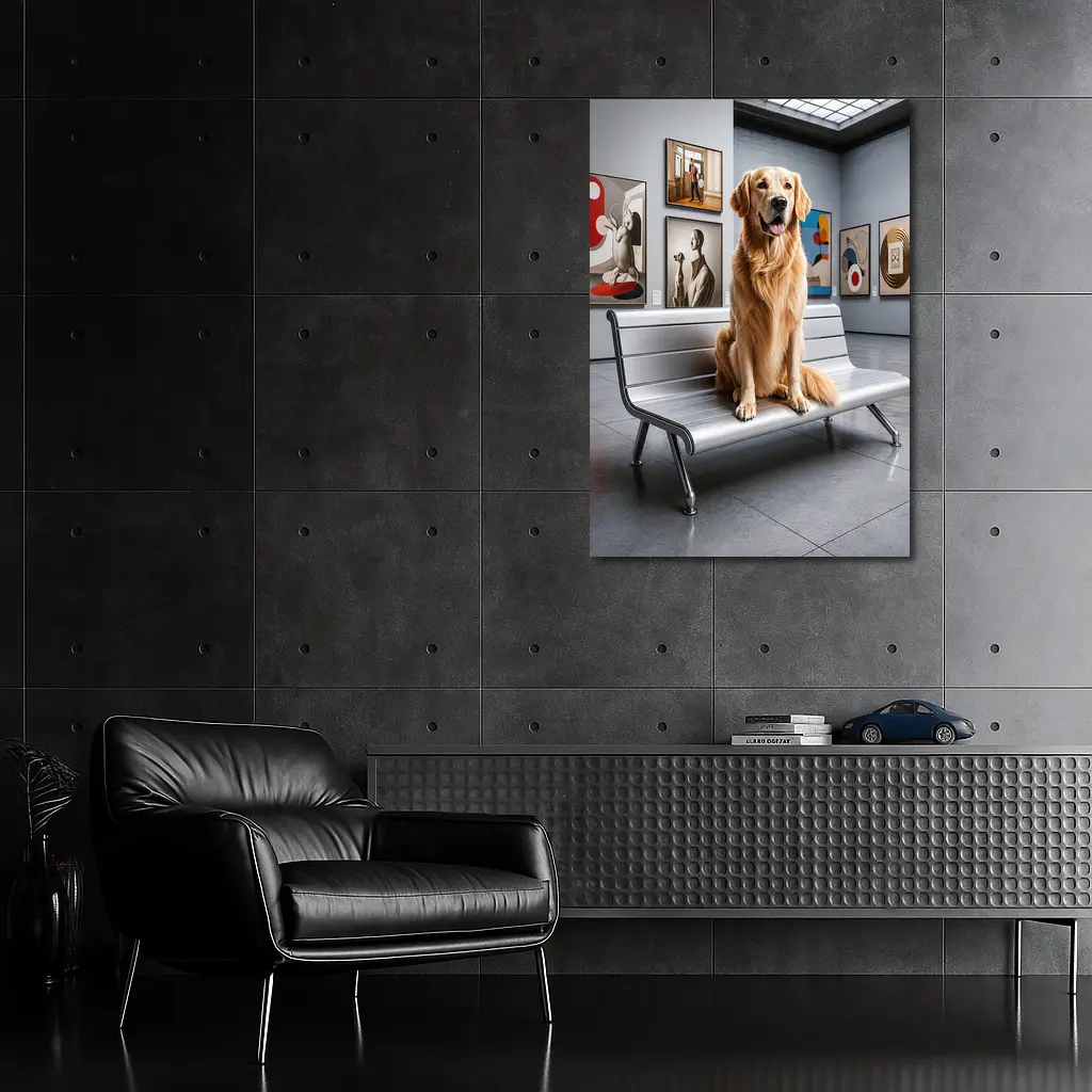 Golden Retriever Sitting in Art Museum – Wall Art