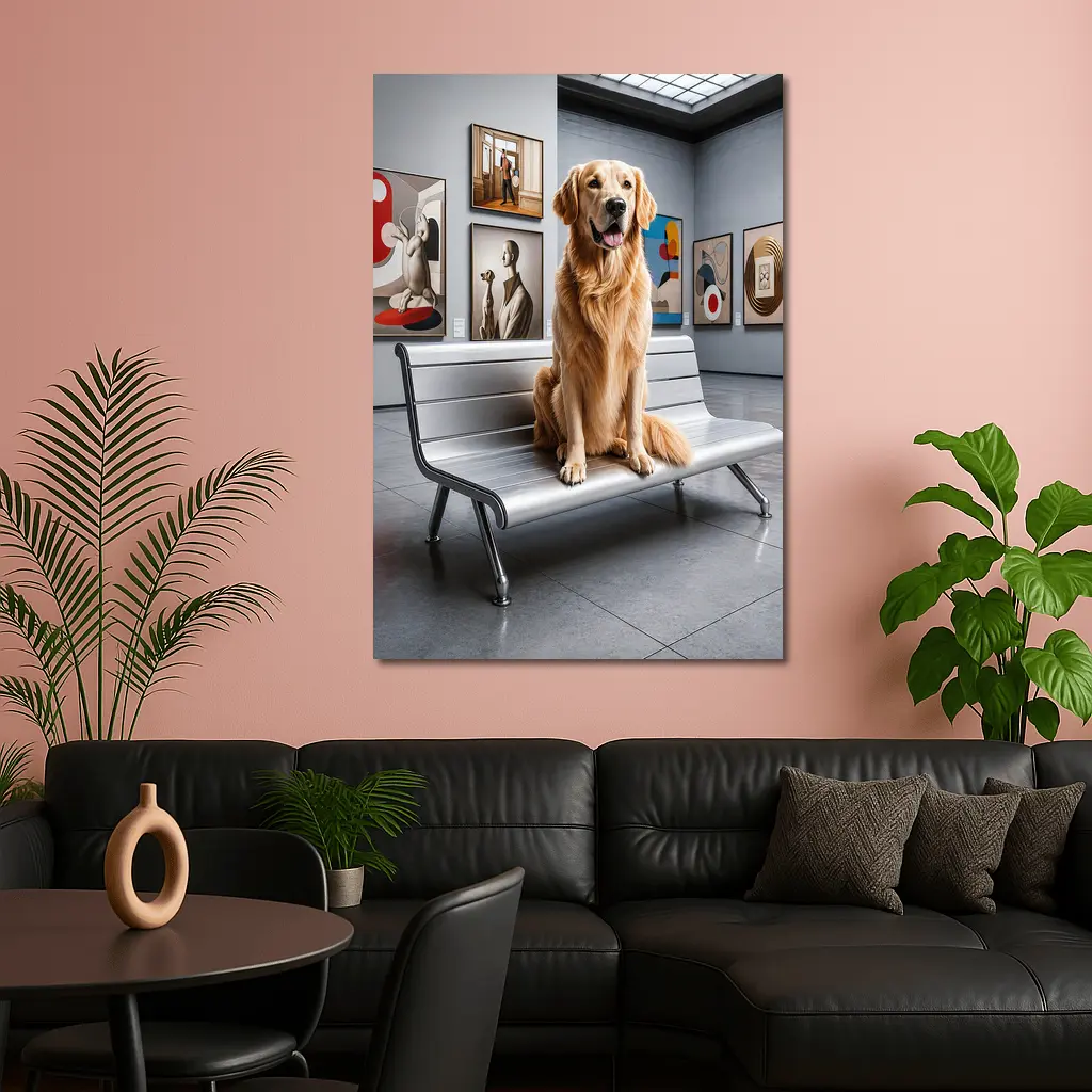 Golden Retriever Sitting in Art Museum – Wall Art