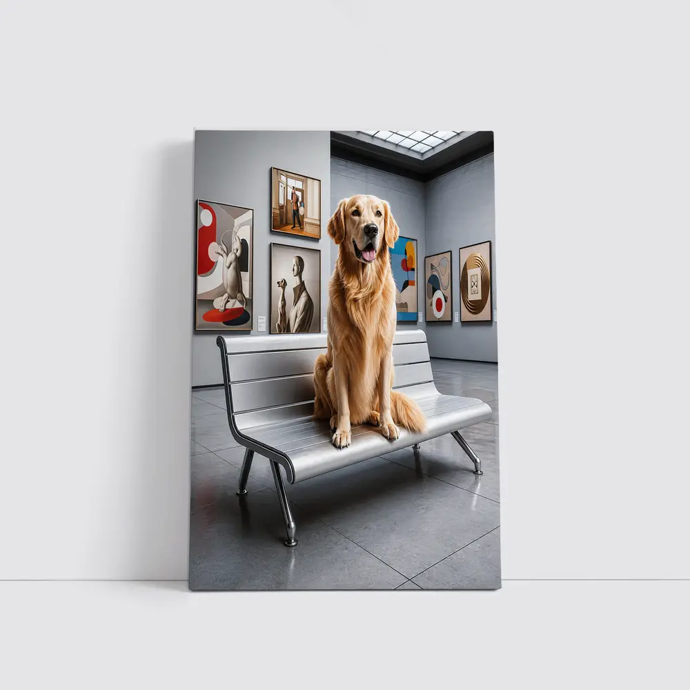 Golden Retriever Sitting in Art Museum – Wall Art