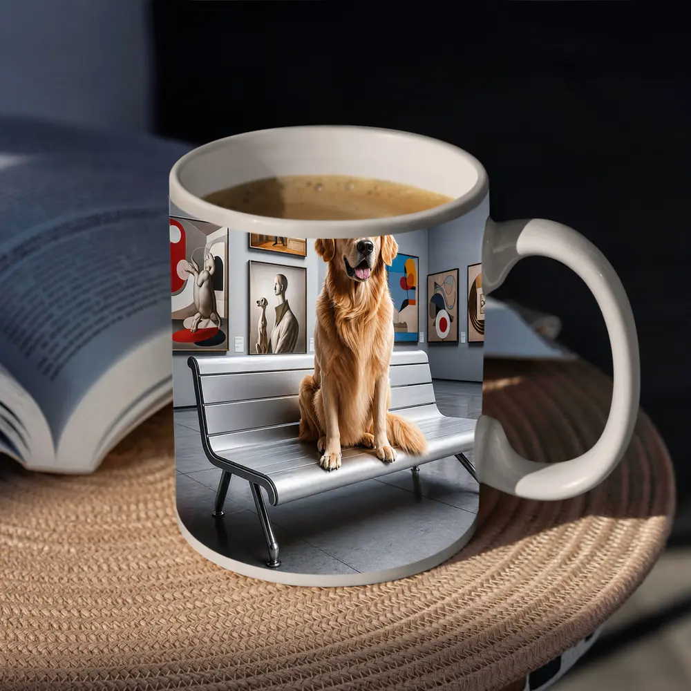 Golden Retriever Sitting in Art Museum – Mugs