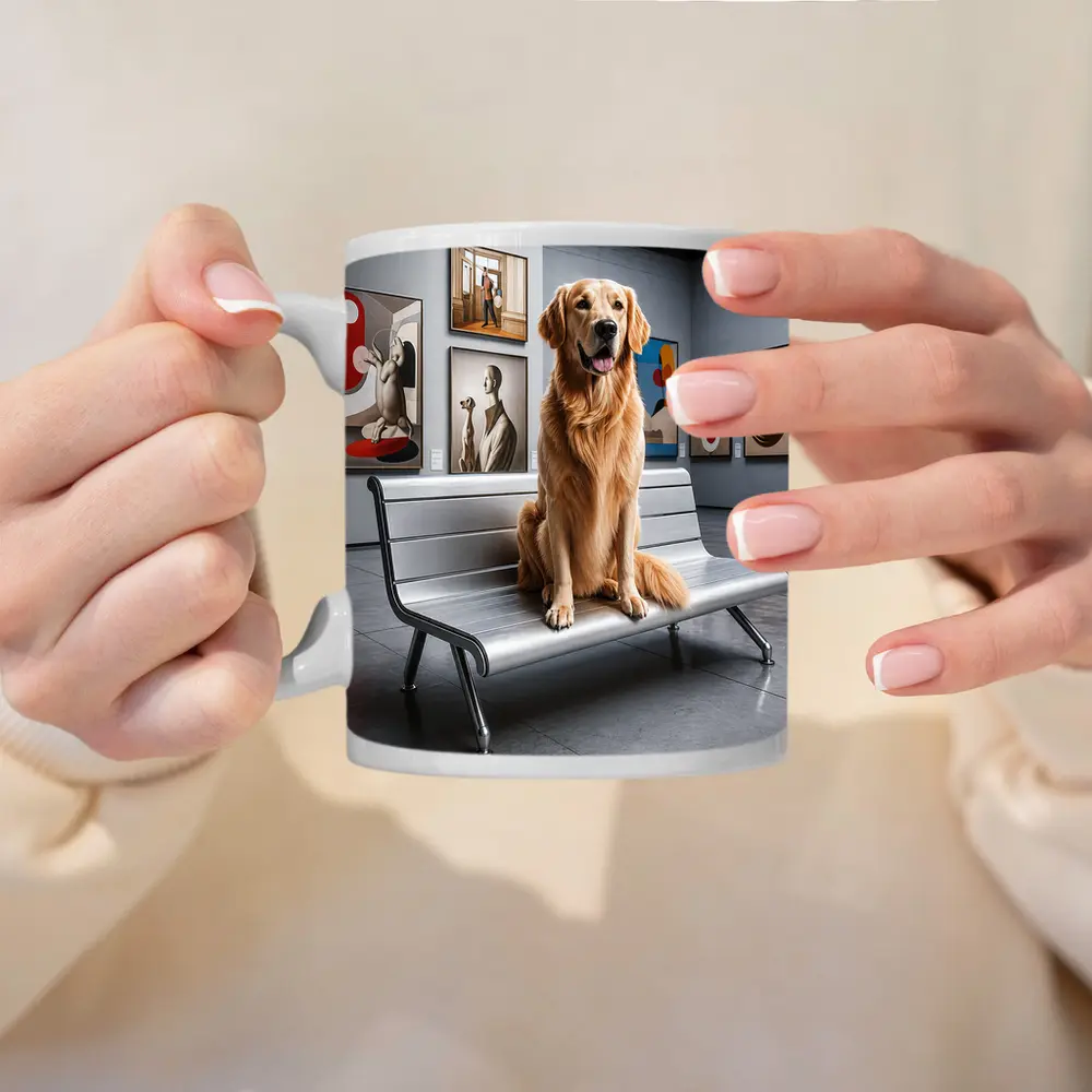 Golden Retriever Sitting in Art Museum – Mugs