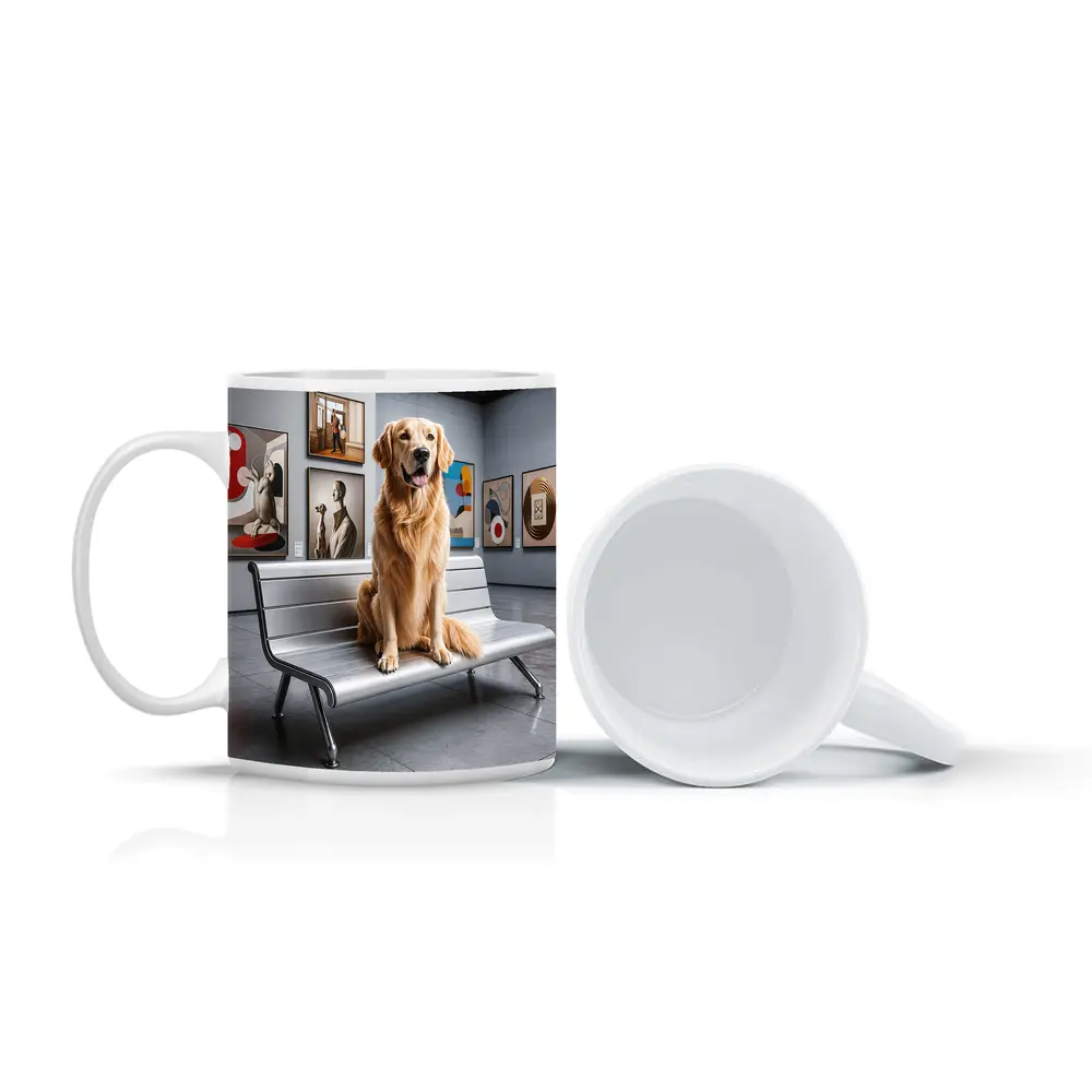 Golden Retriever Sitting in Art Museum – Mugs