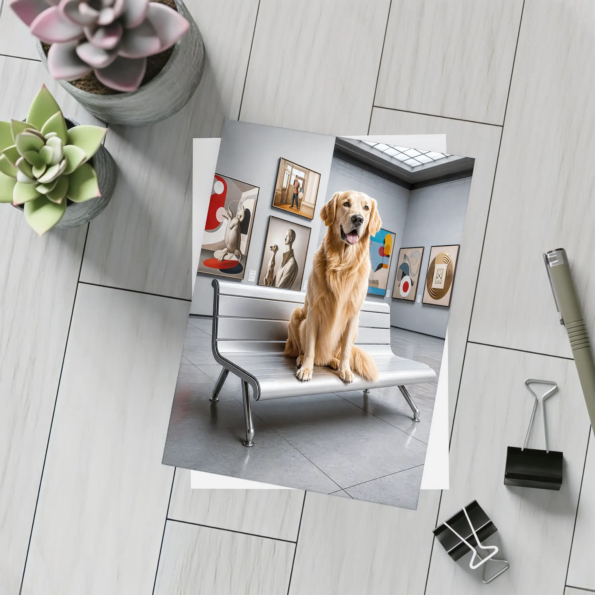 Golden Retriever Sitting in Art Museum – Postcards