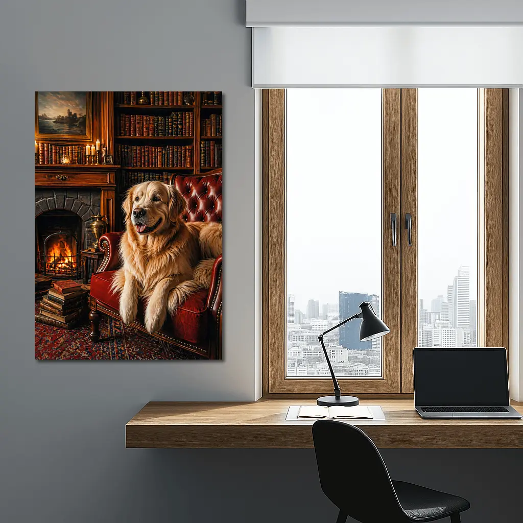 Golden Retriever Relaxing In Cozy Library – Wall Art