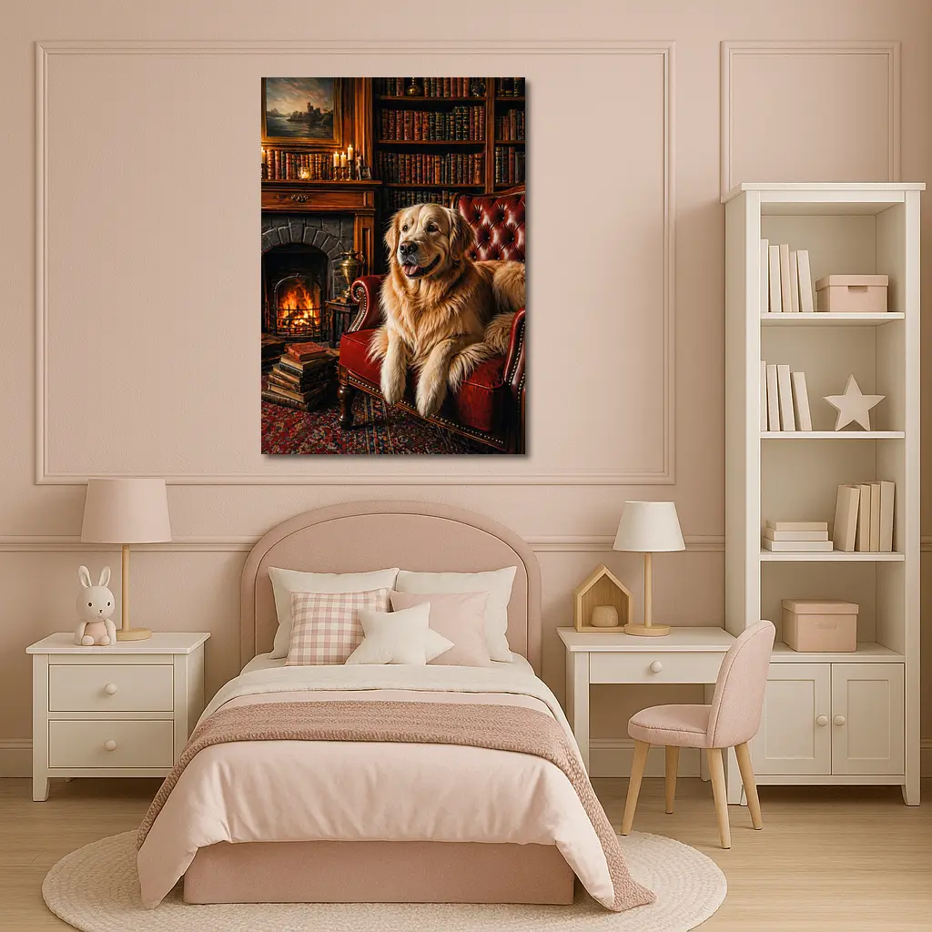 Golden Retriever Relaxing In Cozy Library – Wall Art
