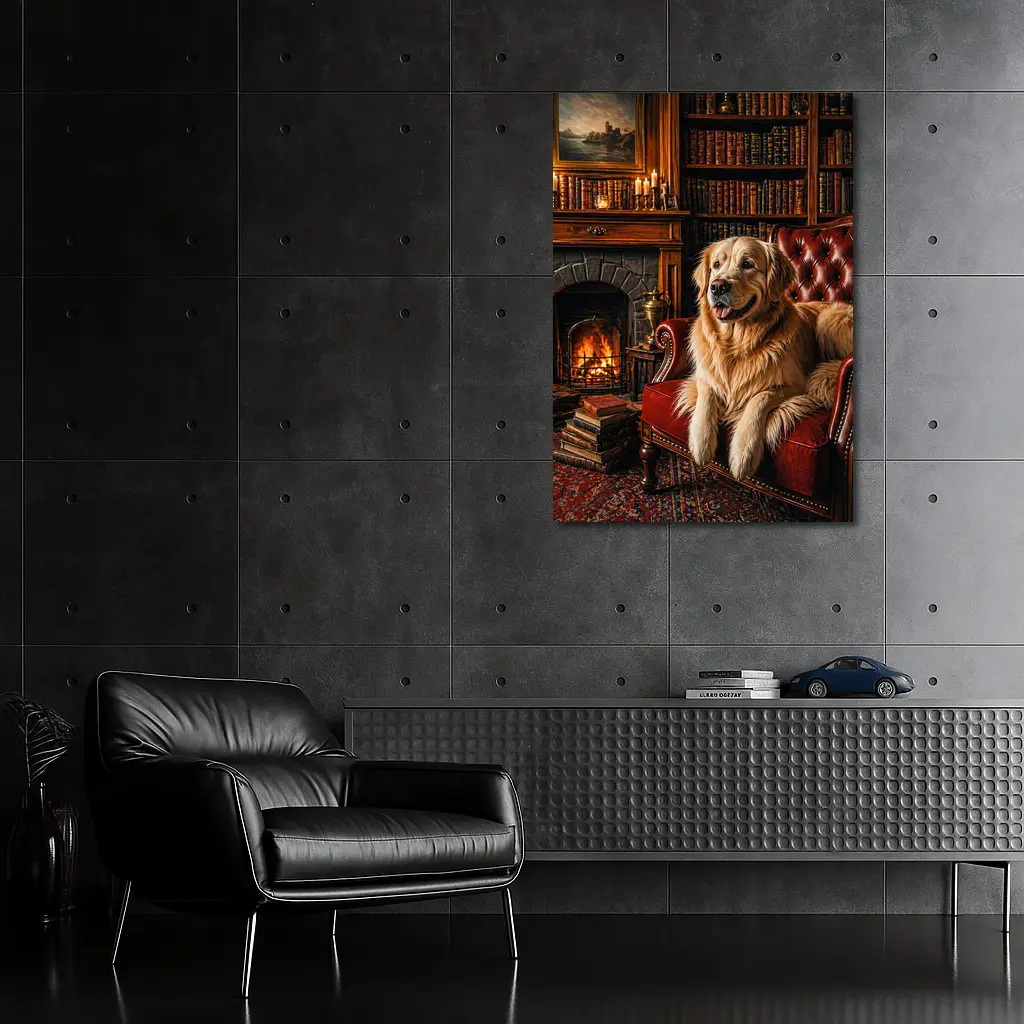 Golden Retriever Relaxing In Cozy Library – Wall Art