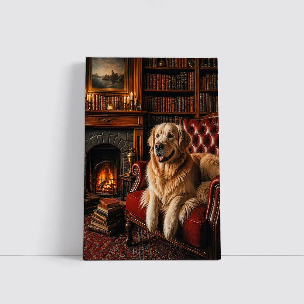 Golden Retriever Relaxing In Cozy Library – Wall Art
