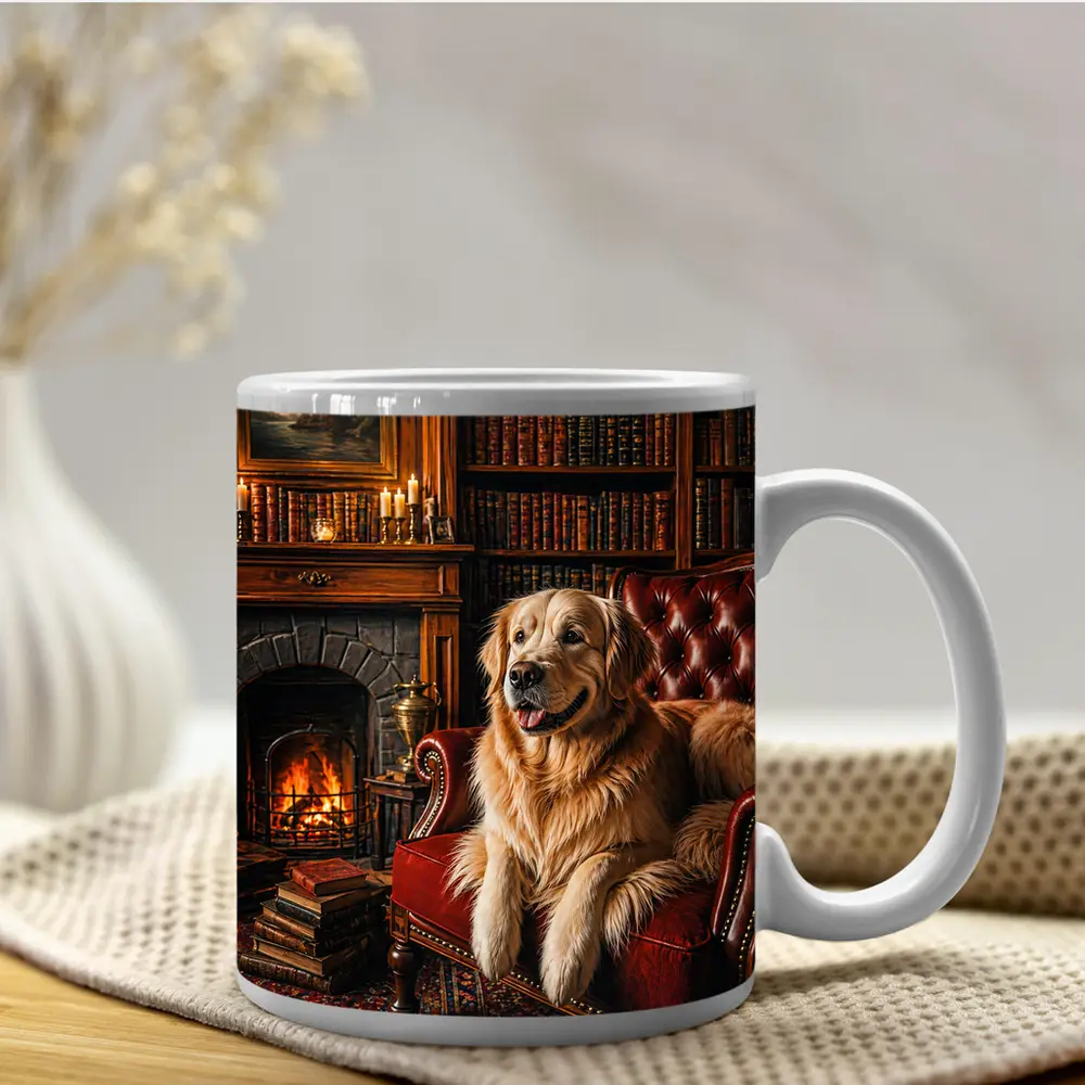 Golden Retriever Relaxing In Cozy Library – Mugs