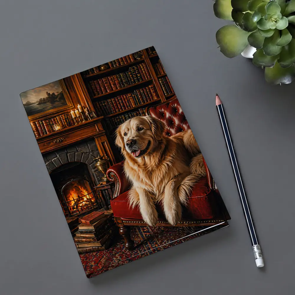 Golden Retriever Relaxing In Cozy Library – Notebooks