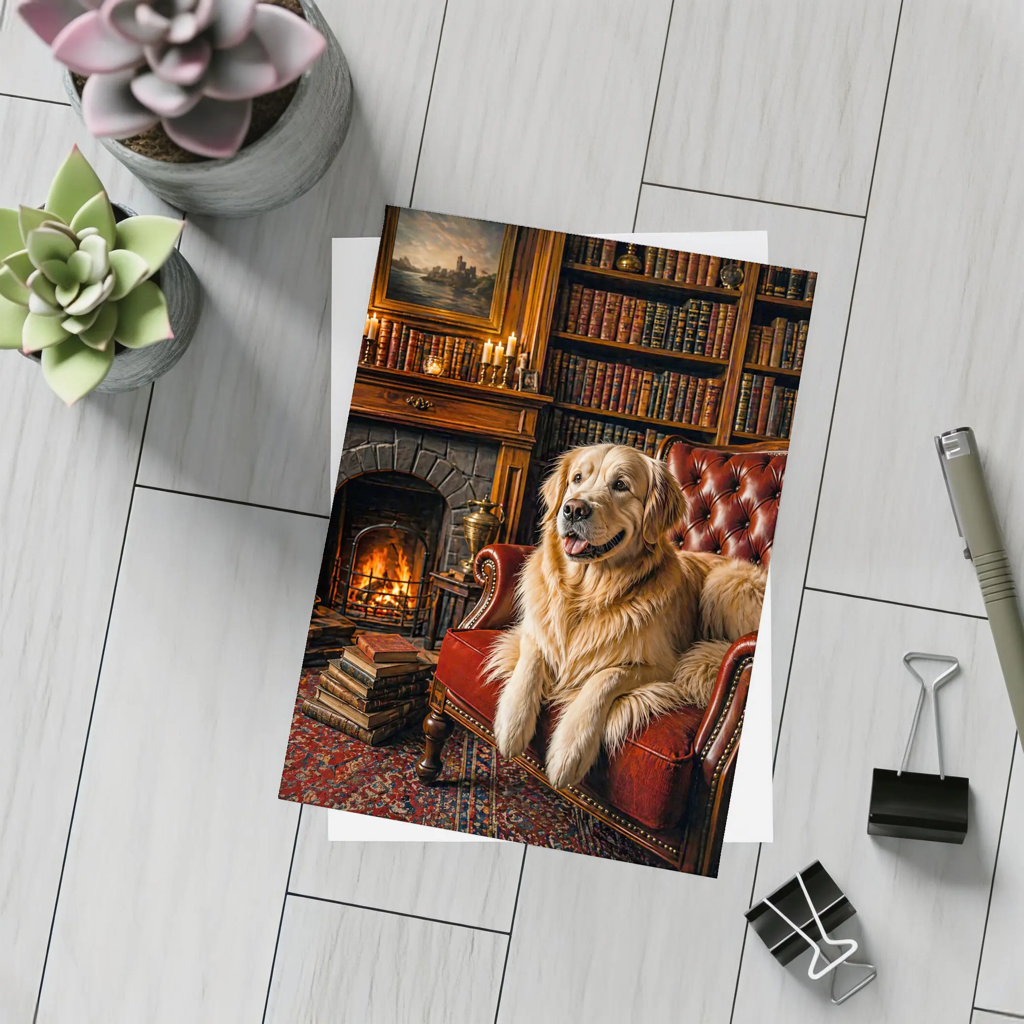 Golden Retriever Relaxing In Cozy Library – Postcards