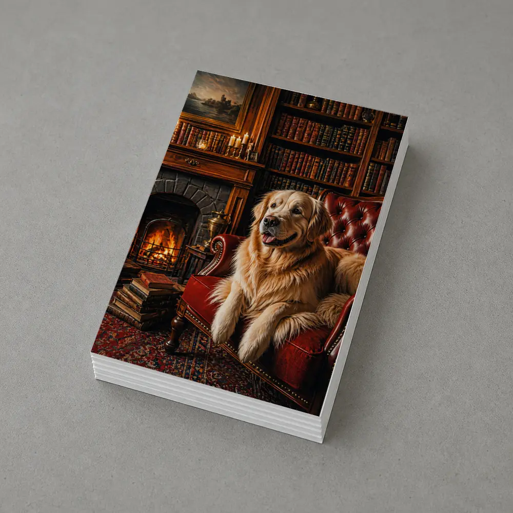 Golden Retriever Relaxing In Cozy Library – Postcards