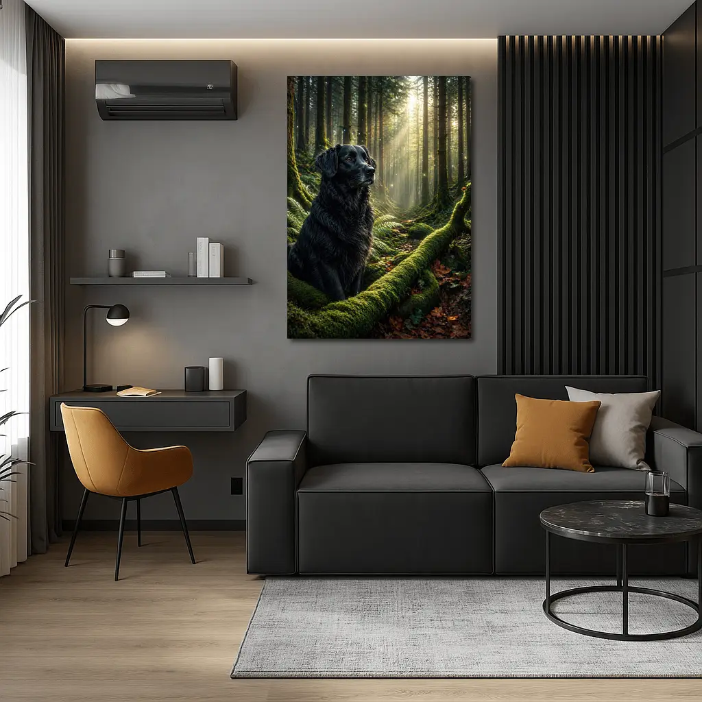 Black Labrador Sitting in Sunlit Forest – Wall Art