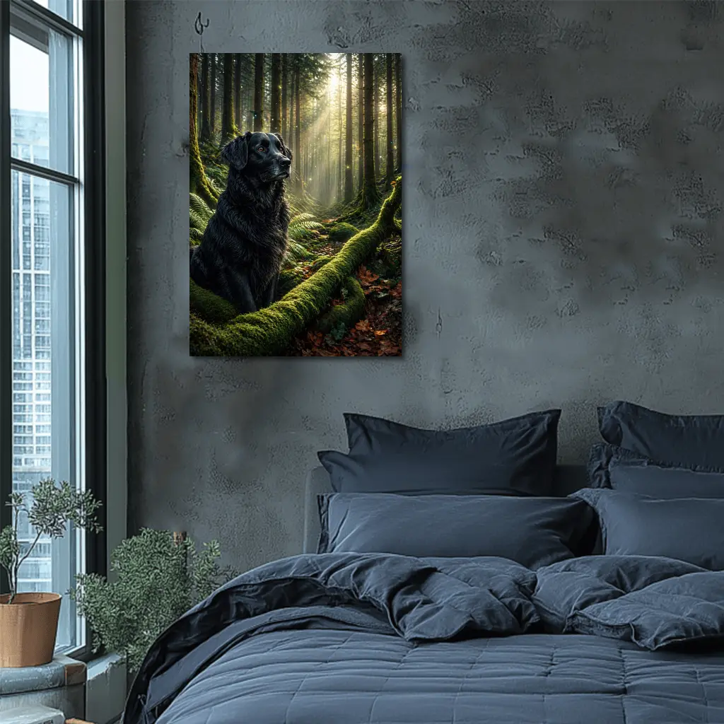 Black Labrador Sitting in Sunlit Forest – Wall Art