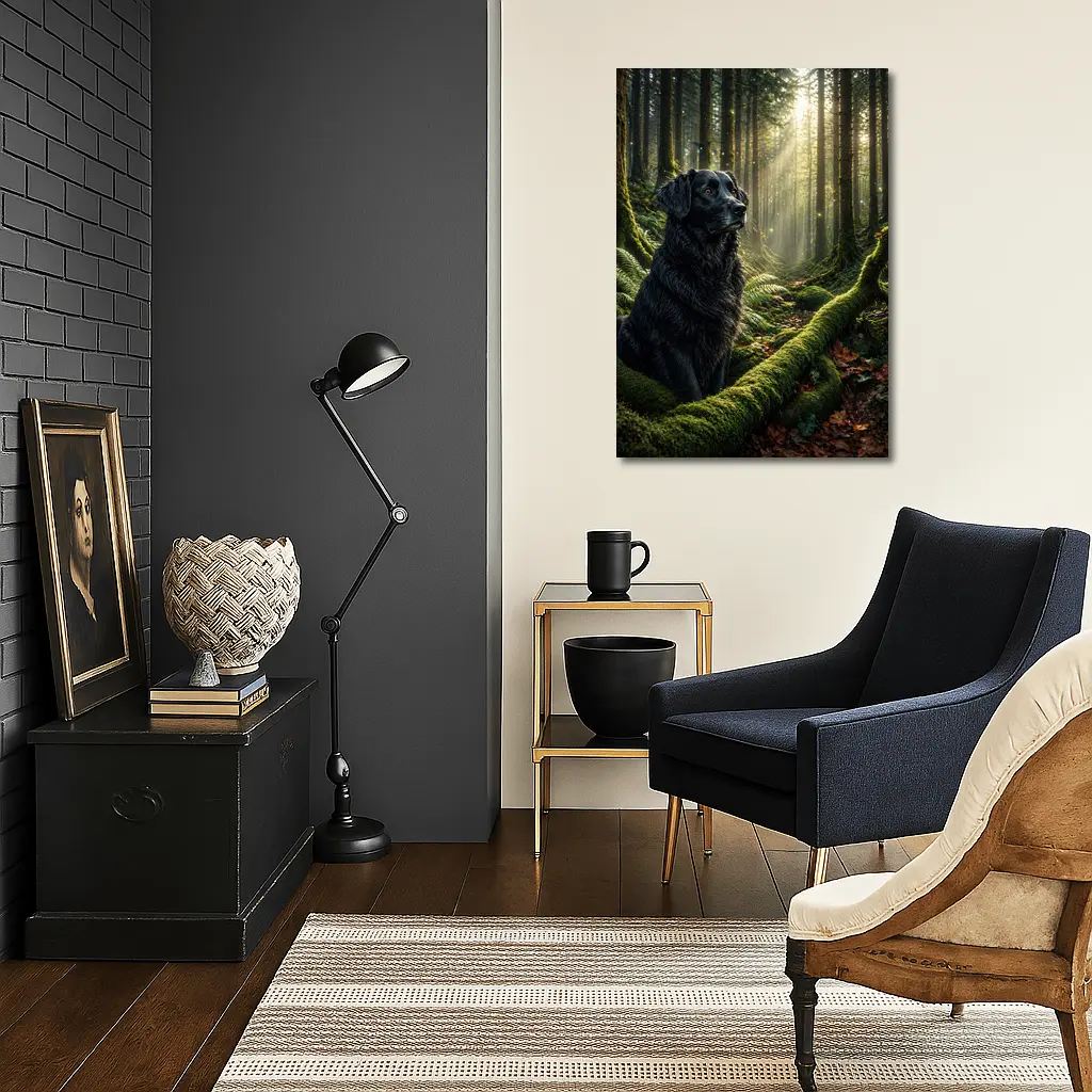 Black Labrador Sitting in Sunlit Forest – Wall Art