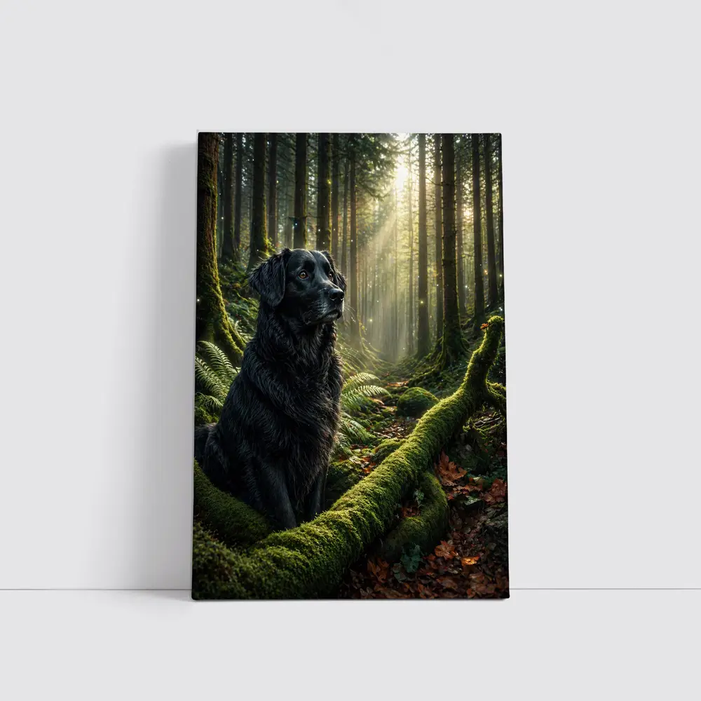 Black Labrador Sitting in Sunlit Forest – Wall Art