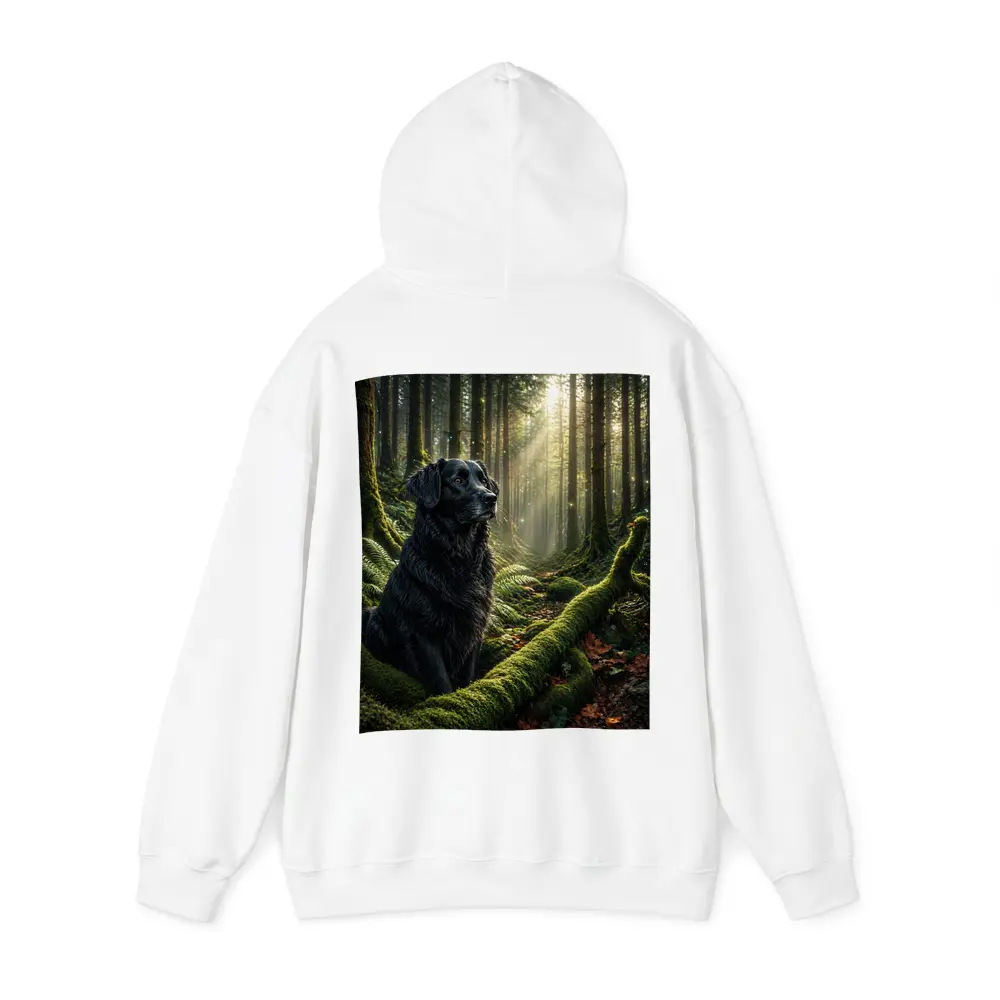 Black Labrador Sitting in Sunlit Forest – Hoodies