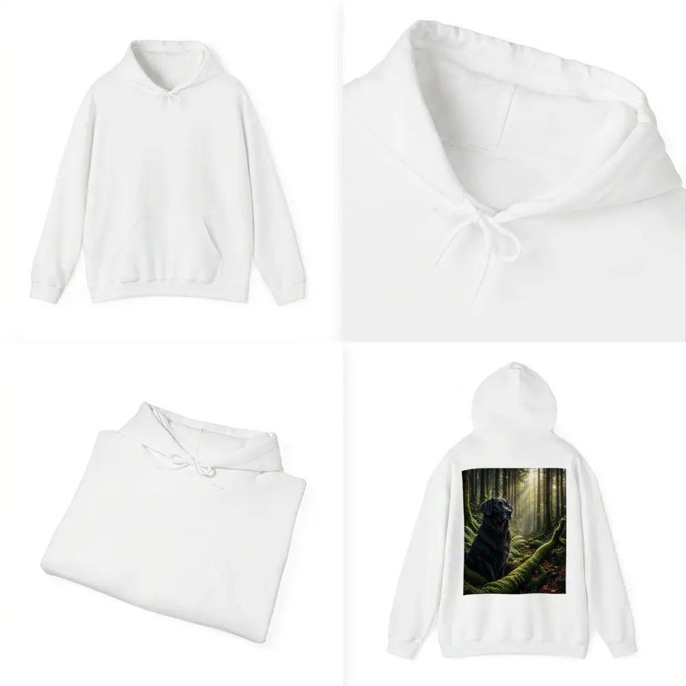 Black Labrador Sitting in Sunlit Forest – Hoodies