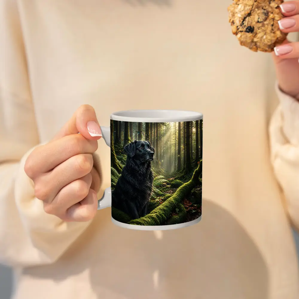 Black Labrador Sitting in Sunlit Forest – Mugs