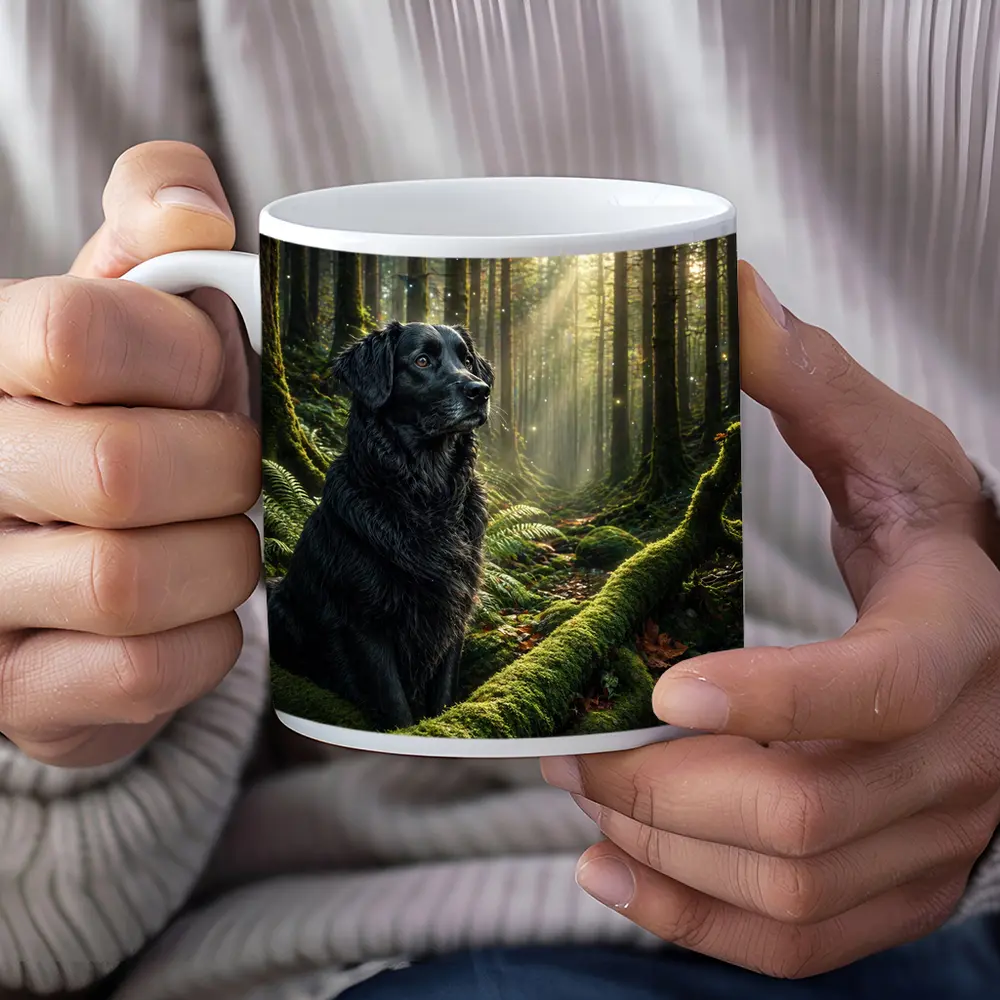 Black Labrador Sitting in Sunlit Forest – Mugs