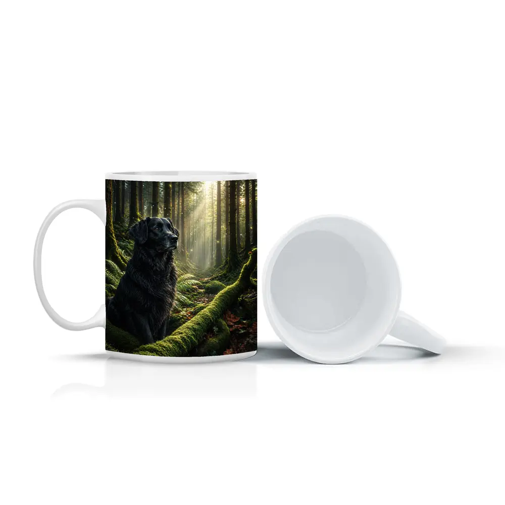 Black Labrador Sitting in Sunlit Forest – Mugs