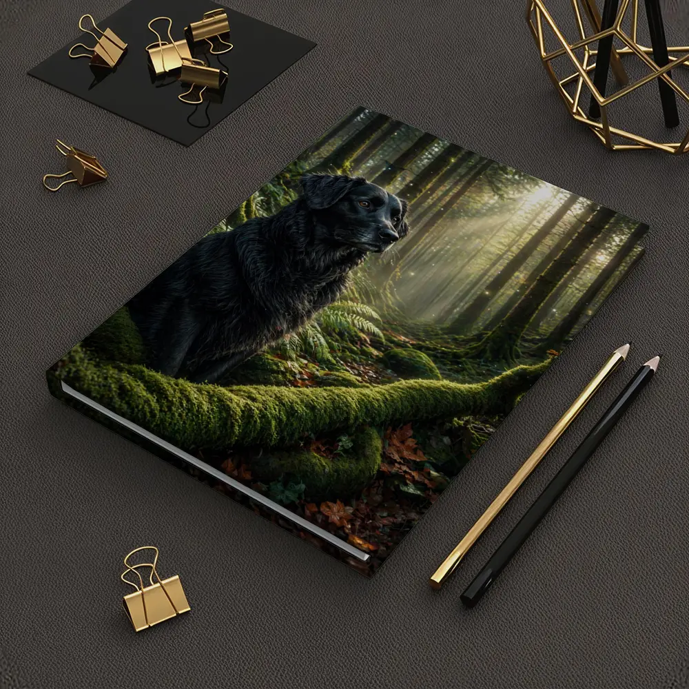 Black Labrador Sitting in Sunlit Forest – Notebooks