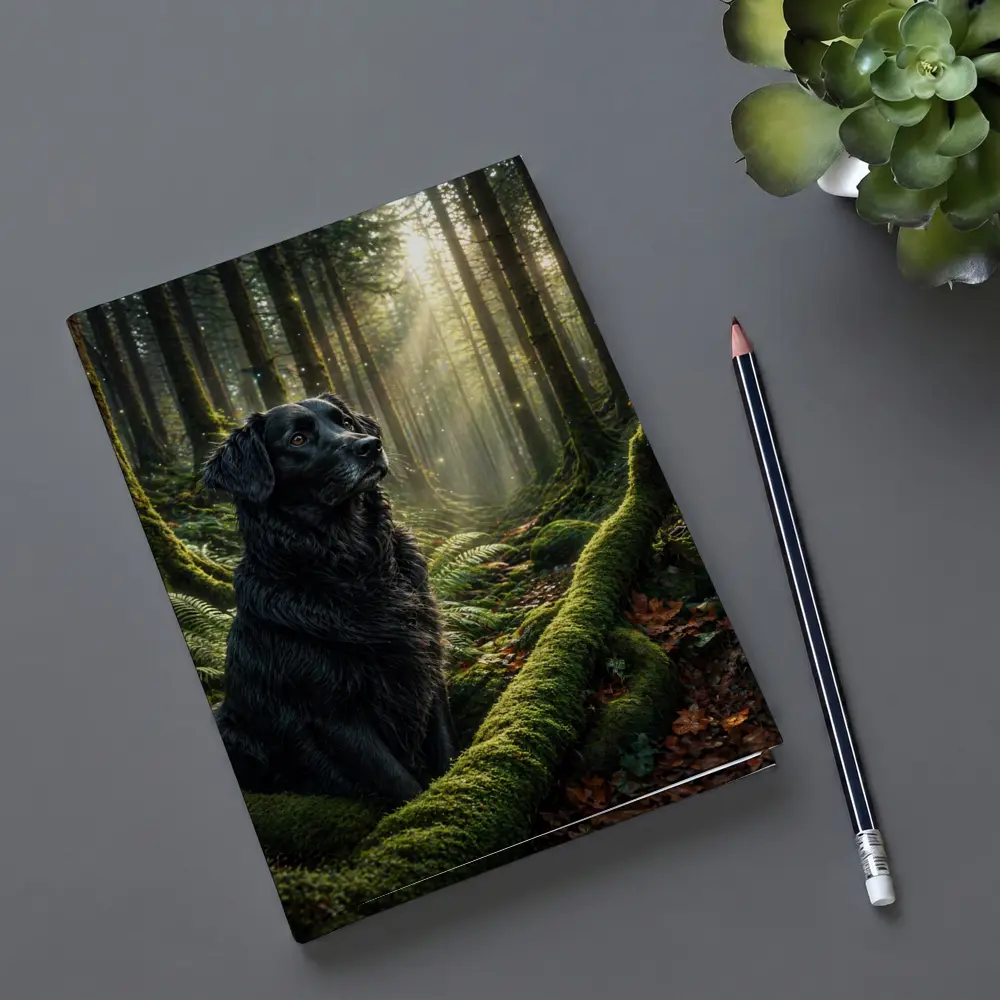 Black Labrador Sitting in Sunlit Forest – Notebooks