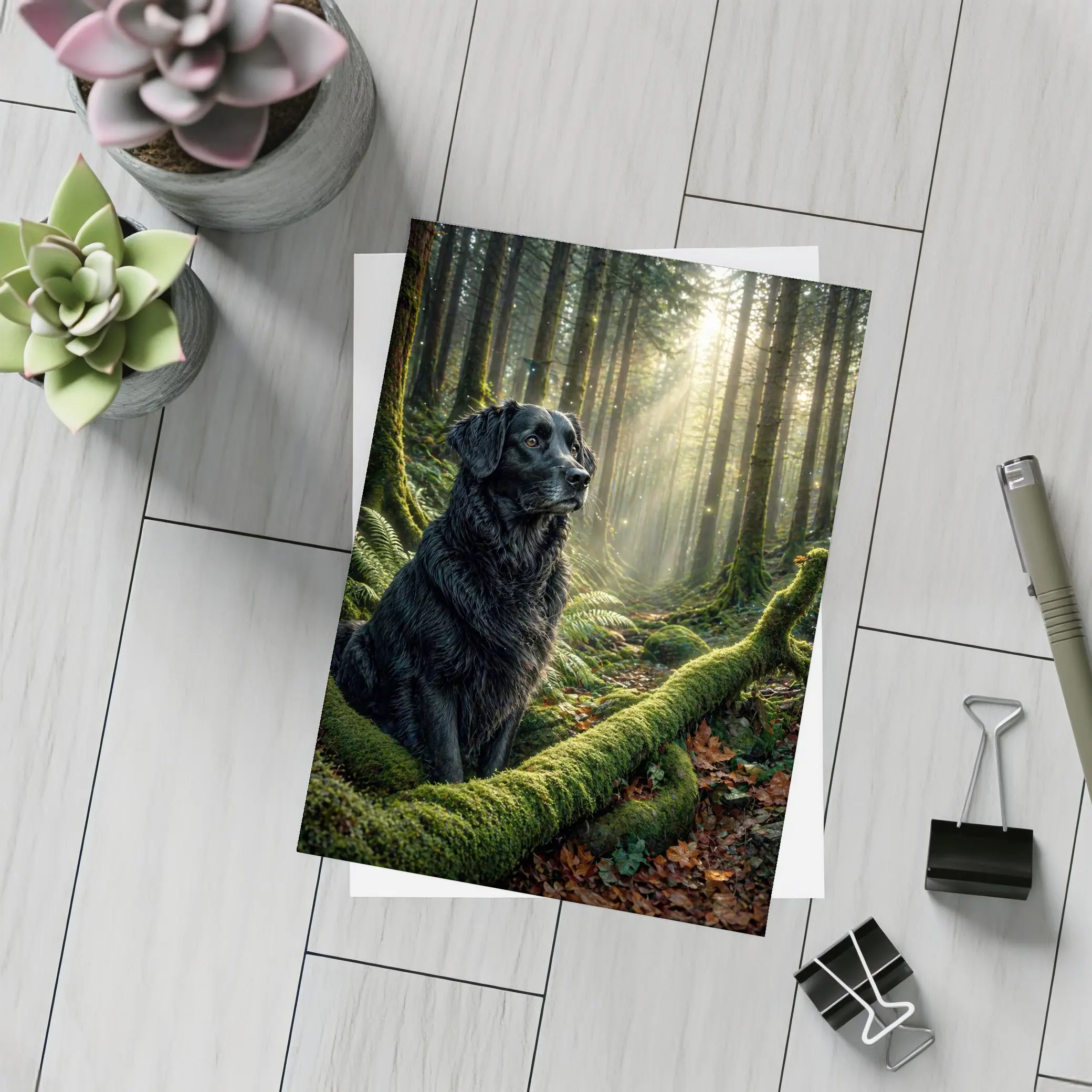 Black Labrador Sitting in Sunlit Forest – Postcards