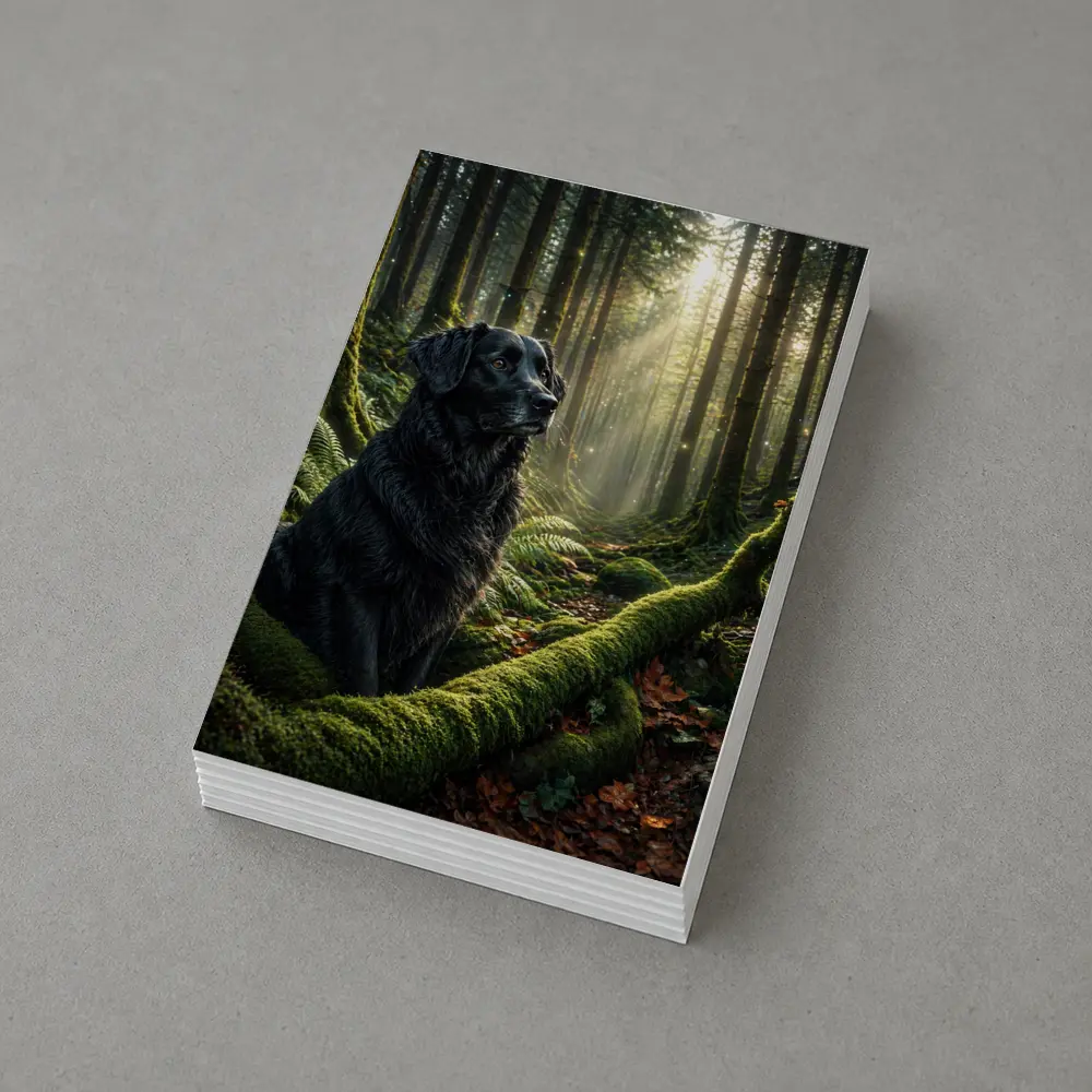 Black Labrador Sitting in Sunlit Forest – Postcards