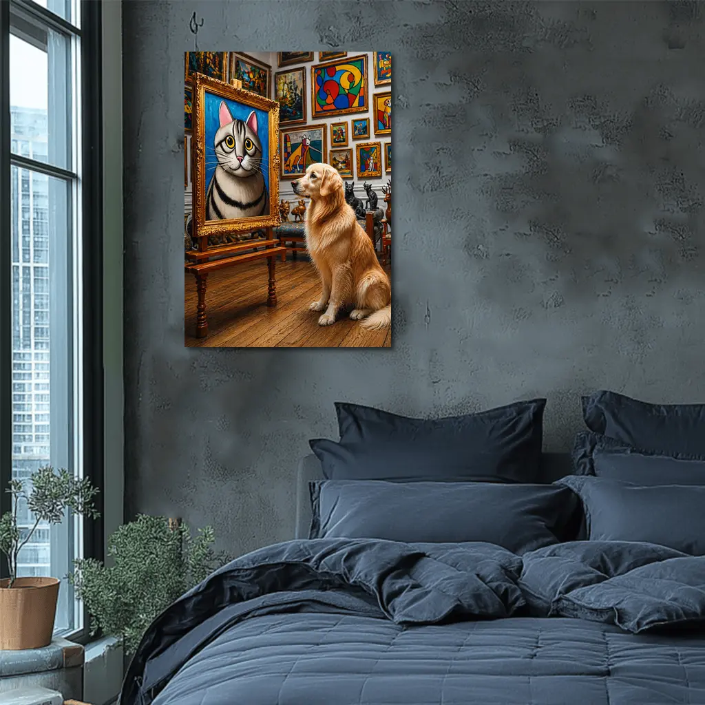 Golden Retriever Admiring Cat Portrait Art Gallery – Wall Art