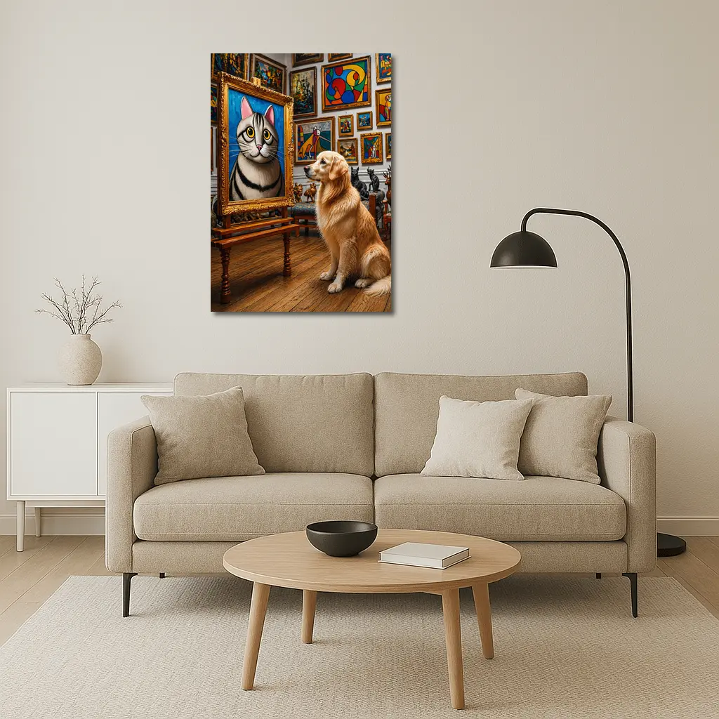 Golden Retriever Admiring Cat Portrait Art Gallery – Wall Art