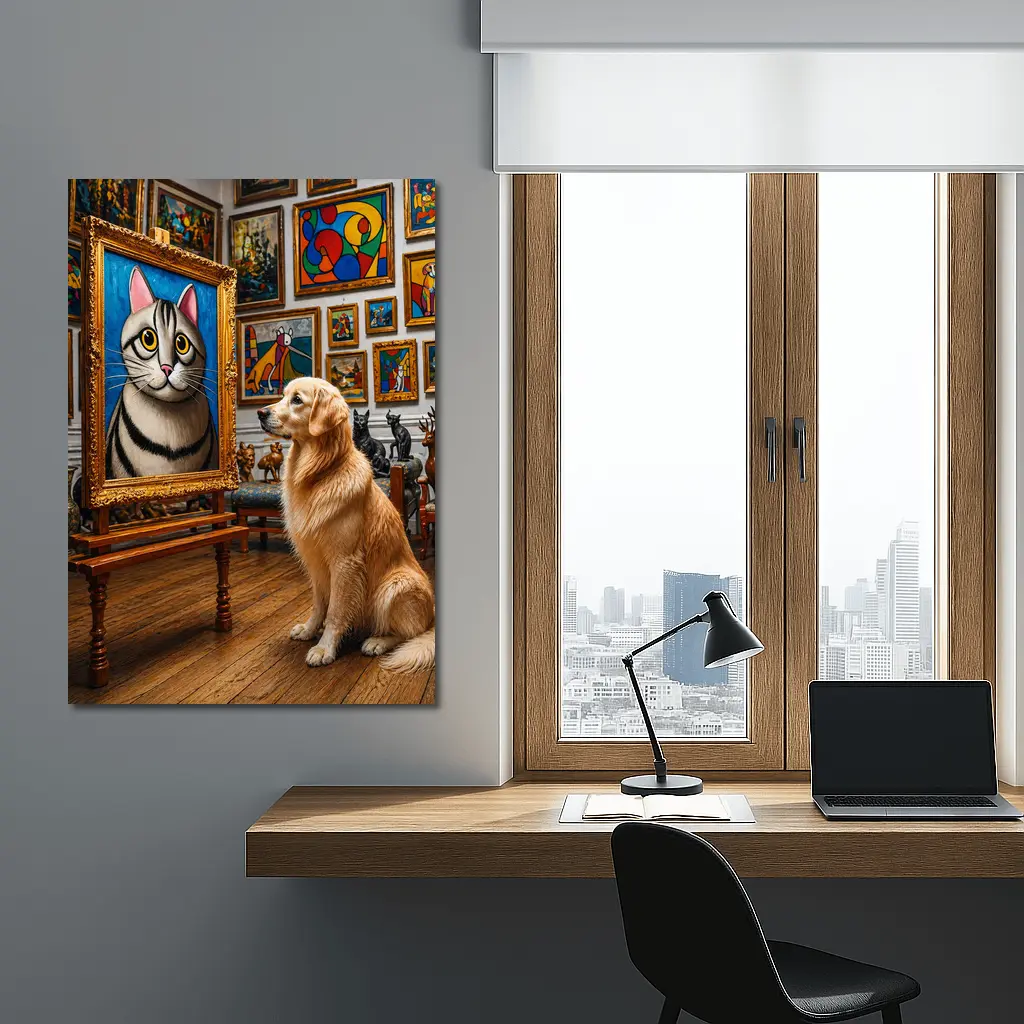Golden Retriever Admiring Cat Portrait Art Gallery – Wall Art