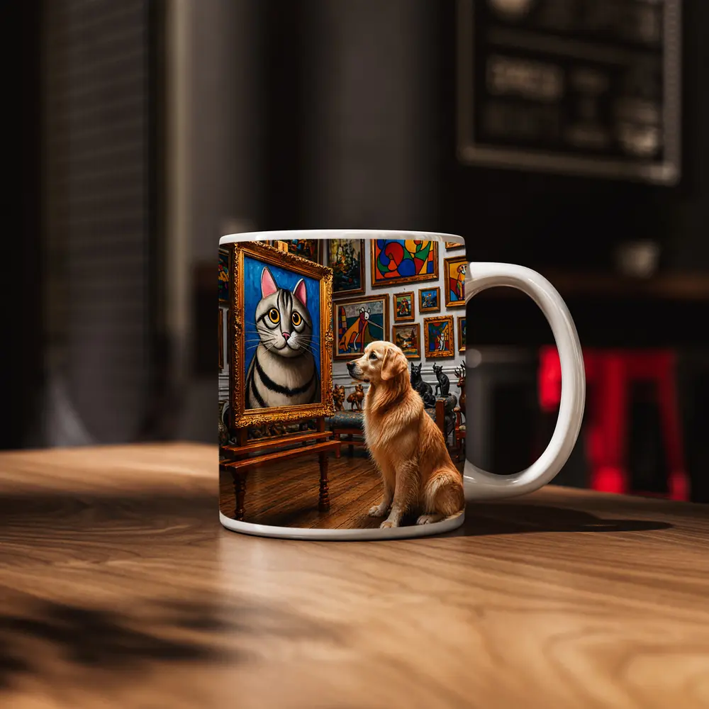 Golden Retriever Admiring Cat Portrait Art Gallery – Mugs