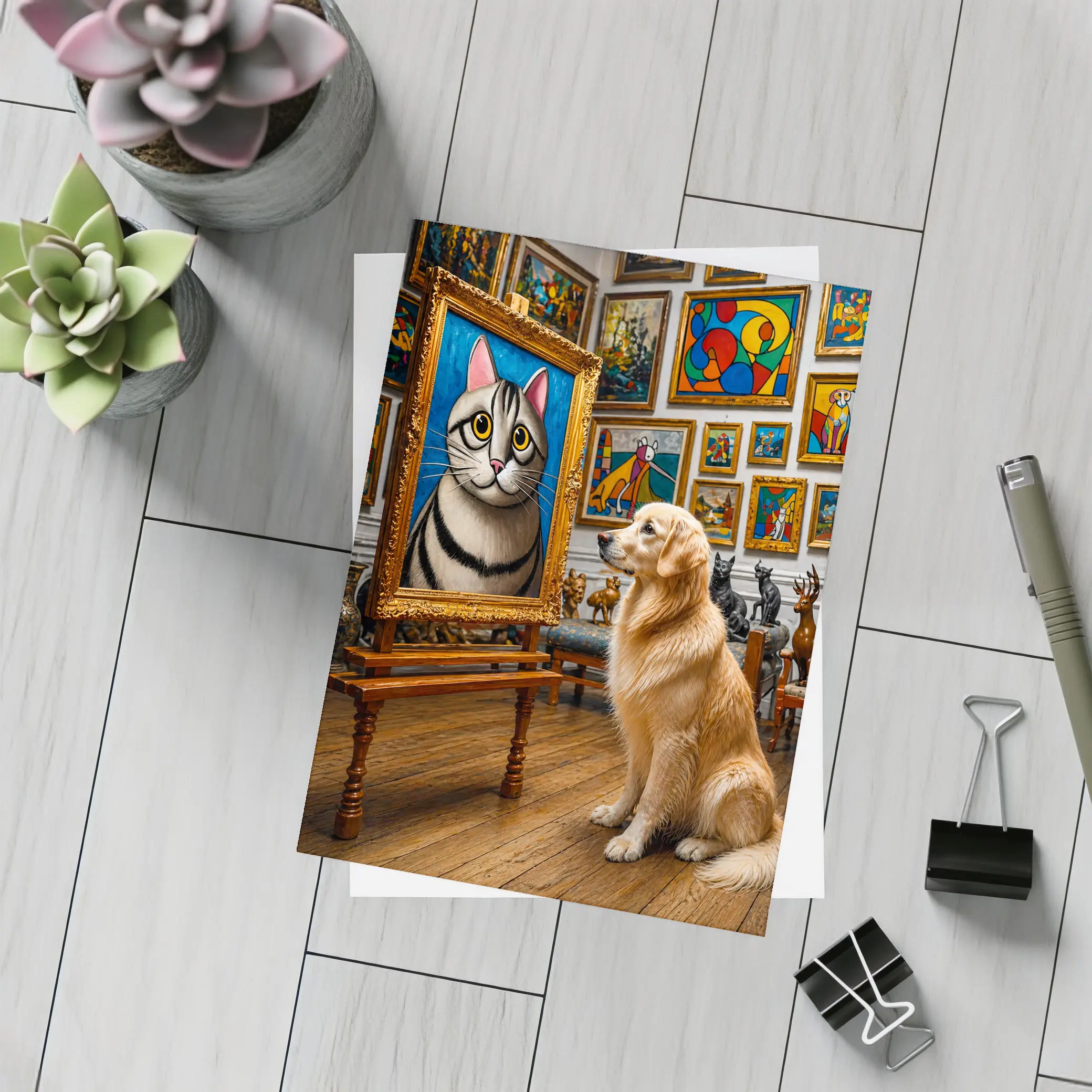 Golden Retriever Admiring Cat Portrait Art Gallery – Postcards