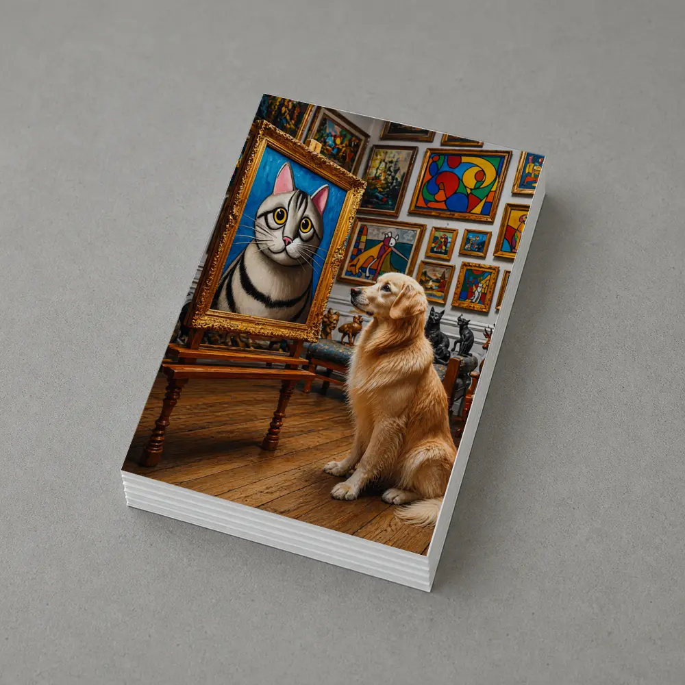 Golden Retriever Admiring Cat Portrait Art Gallery – Postcards