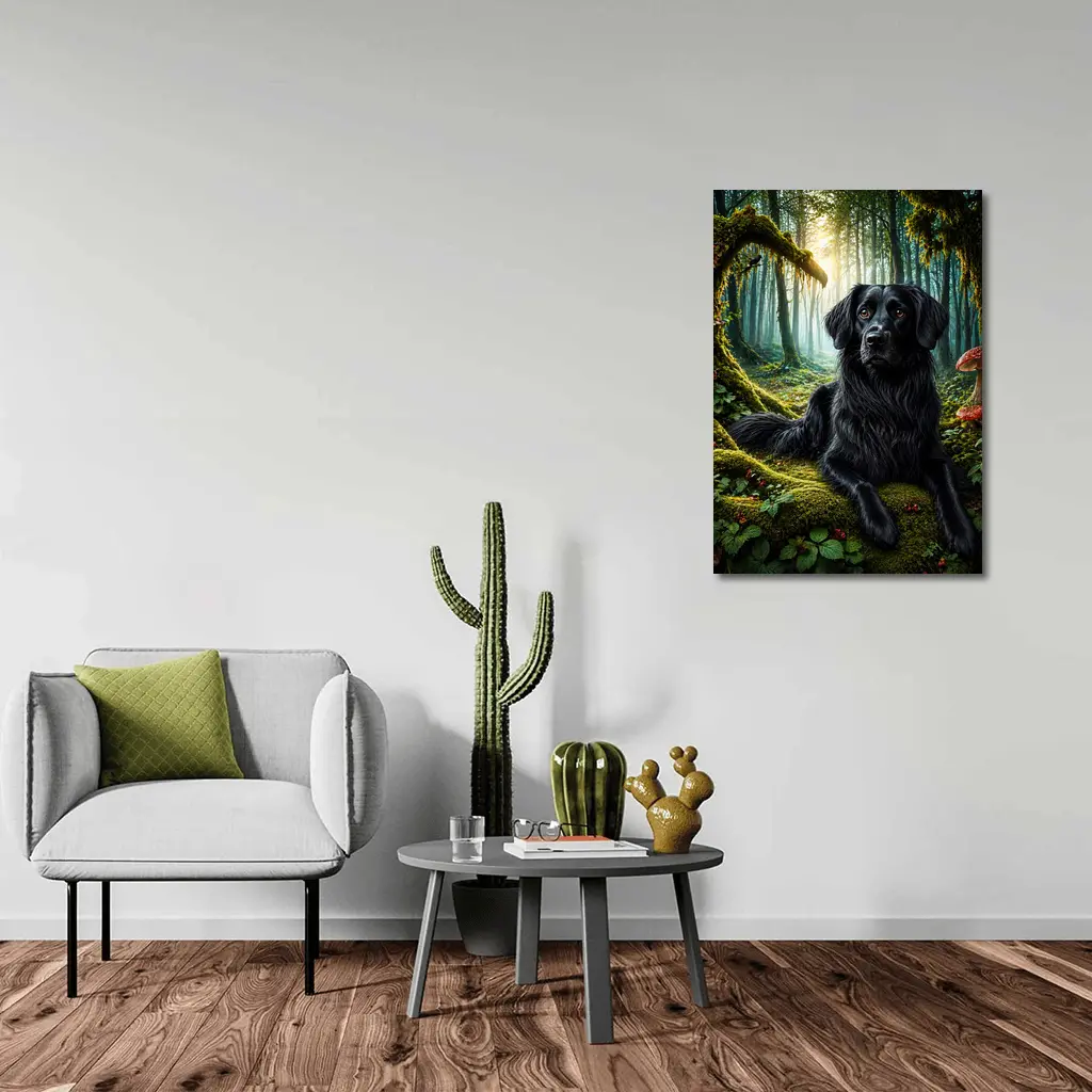 Black Dog Resting in Enchanted Mossy Forest – Wall Art