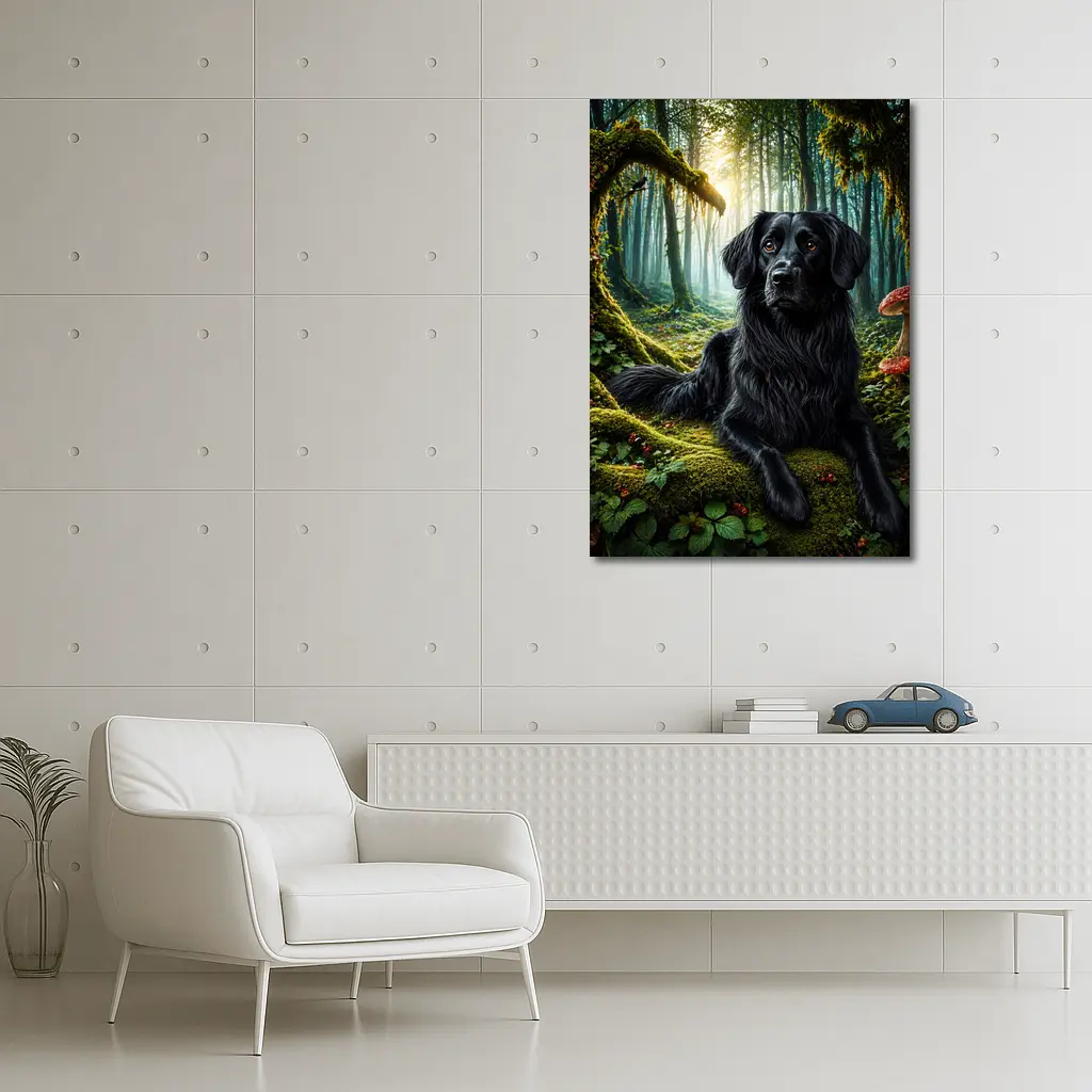 Black Dog Resting in Enchanted Mossy Forest – Wall Art