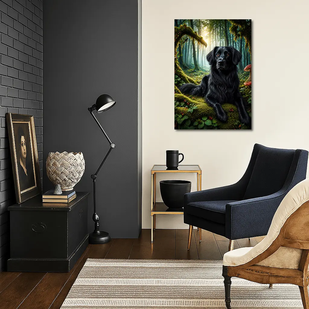 Black Dog Resting in Enchanted Mossy Forest – Wall Art