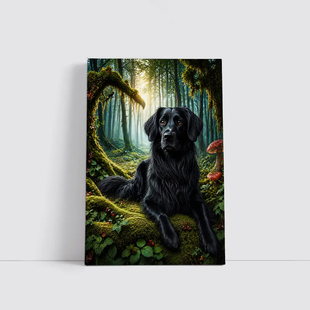 Black Dog Resting in Enchanted Mossy Forest – Wall Art