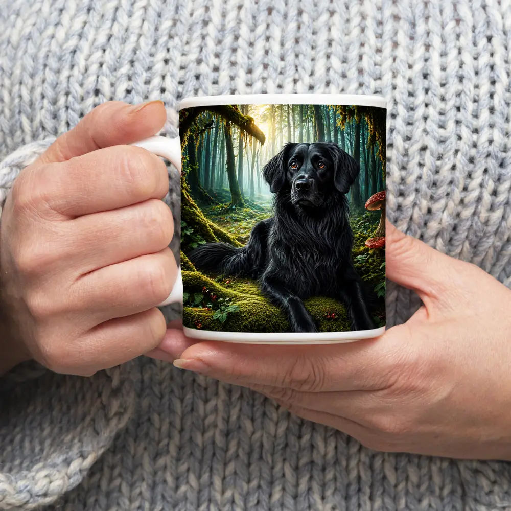 Black Dog Resting in Enchanted Mossy Forest – Mugs