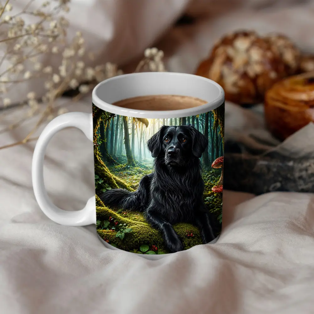 Black Dog Resting in Enchanted Mossy Forest – Mugs