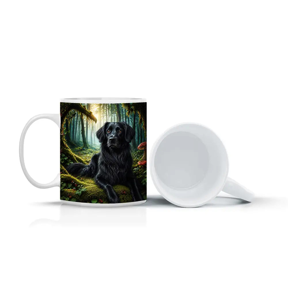 Black Dog Resting in Enchanted Mossy Forest – Mugs