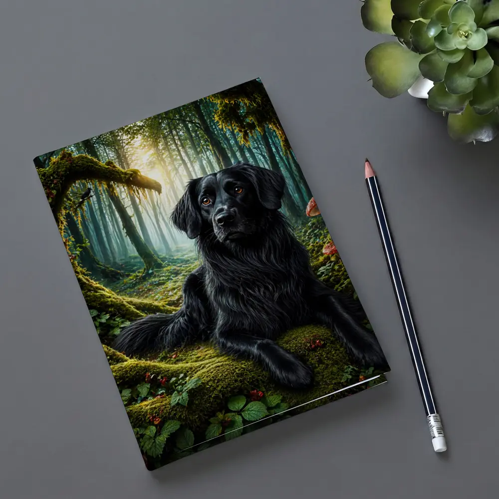 Black Dog Resting in Enchanted Mossy Forest – Notebooks