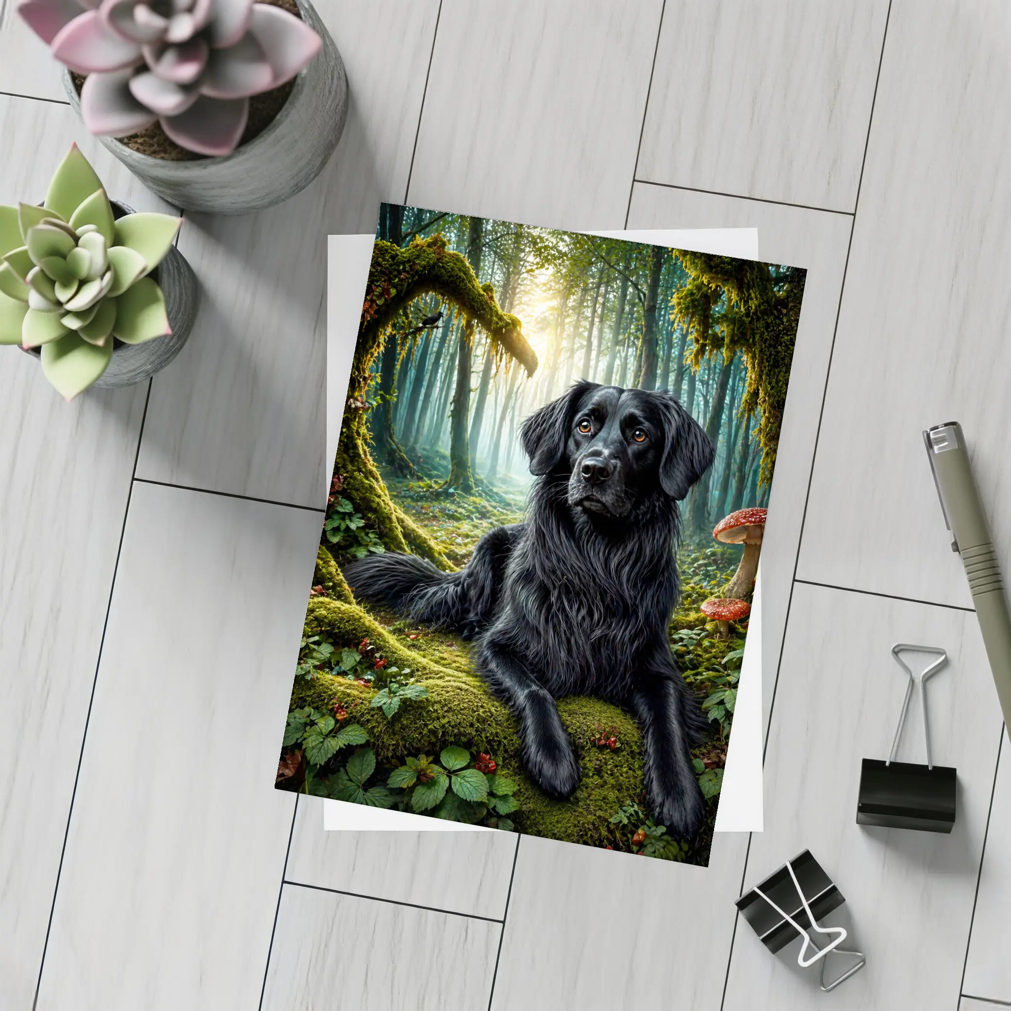 Black Dog Resting in Enchanted Mossy Forest – Postcards