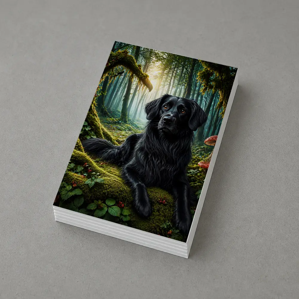 Black Dog Resting in Enchanted Mossy Forest – Postcards